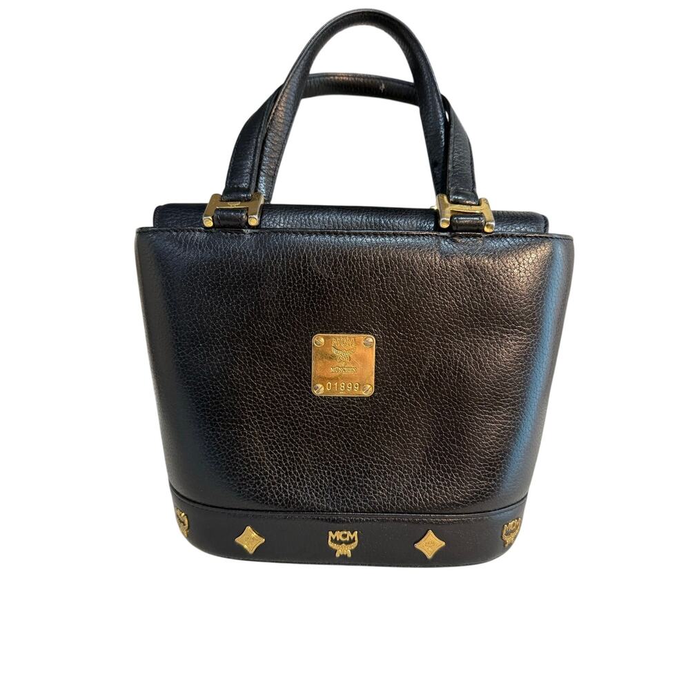 Vintage MCM Black Pebbled Leather Mini Tote Bag Gold Hardware - Picture 2 of 12
